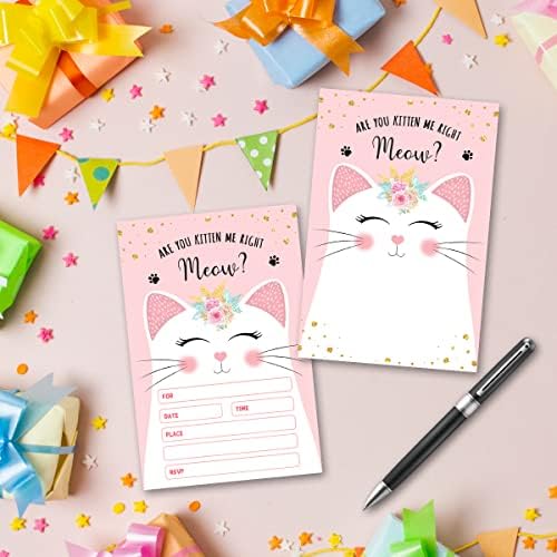 Покани за Рожден Ден парти с котки, Аксесоари на Тема Розово Цвете котка за Момичета, Покана за парти, за момчета или Момичета в един Ден, рожден ден или с посочване на пода (20 Картички с 20 конвертами)
