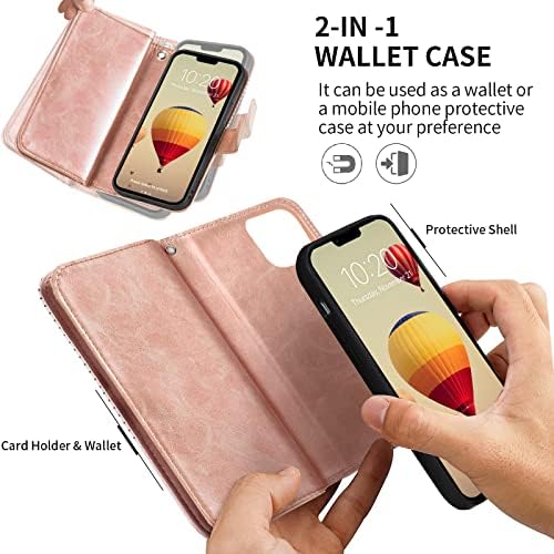 Чанта-портфейл CASEOWL за iPhone 14 [Съвместим със зарядно устройство Magsafe], Магнитен Подвижна Кожен калъф-награда за iPhone 14, чантата с държач за карти 9 [Заключване на RFID], каишка за жени и момичета, Бяло,