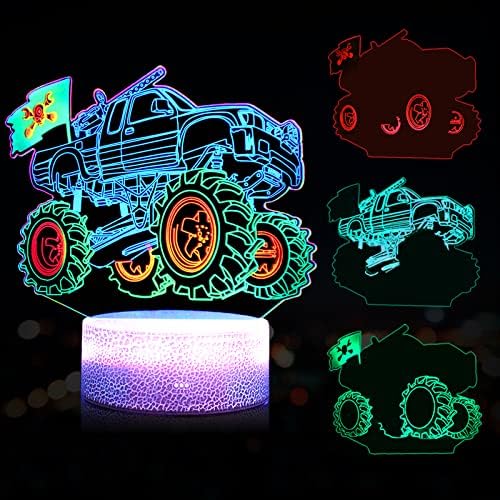 Лека нощ Monster Truck + Game Over 3D нощна светлина В 7 Цвята, Променящите се с Дистанционно Регулиране на Яркостта, Интериор на Стаята за Момчета, Подаръци за Рожден Ден за Деца