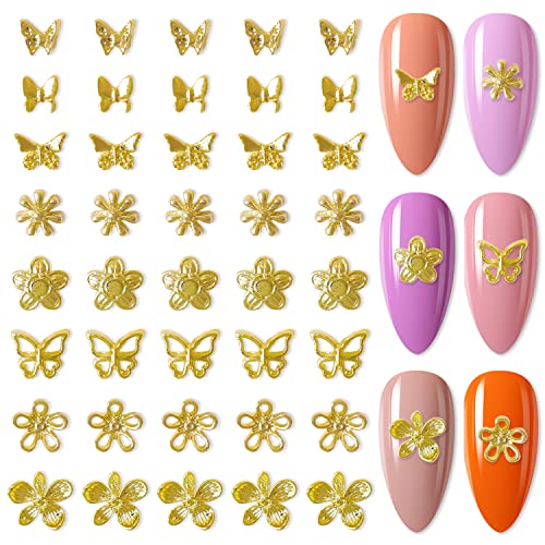 DANNEASY 40 бр. 3D Златни Амулети за нокти, Амулети с цветя-Пеперуди, Амулети за нокти, Амулети за Дизайн на ноктите от Сплав, Нитове за нокти, Метални Пеперуди, Декорации з?