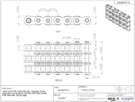 Роликовая верига Tsubaki 35-3R100 ANSI, Трехжильная, Клепаная, Въглеродна стомана, Инч, № 35 ANSI, стъпка 3/8 , Диаметър валяк 0,200, Широчина валяк 0,188, дължина 100 метра