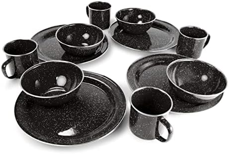 Комплект за походного масата GSI Открито за 4 човека включва Емайлирани чинии Pioneer, купички и чаши за кафе за къмпинг, на открито, в микробуса.