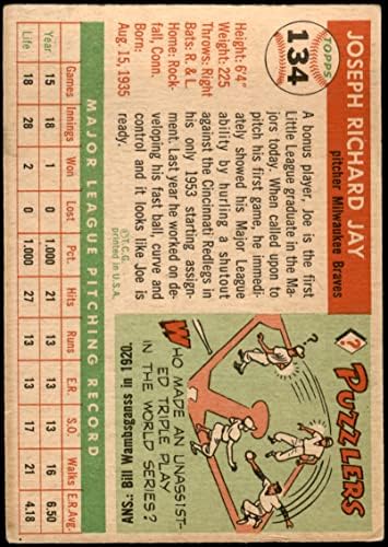 1955 Topps 134 Джоуи Джей Милуоки Брейвз (Бейзболна картичка) VG+ Брейвз