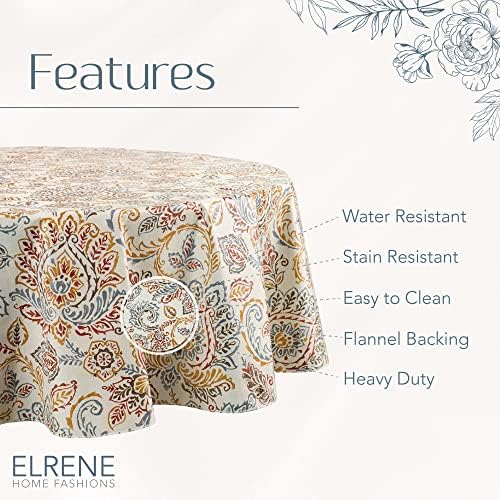 Elrene Home Fashions Ава Цвете Vinyl Покривка Jacobean, Устойчиво на вода и петна, с фланела субстрат, 70 См X 70 инча, е кръгла
