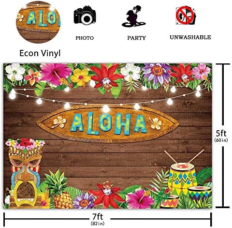 Funnytree Лято Алоха Luau Фон За парти Тропически Хавайски Селски Дървен паркет на Цветя Тики Фон За Снимки Рожден Ден Детски Душ Торта Украса на Масата Банер Подпори за Фотобудки 7x5ft