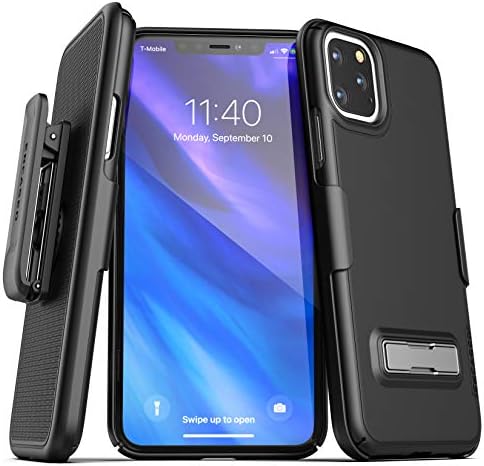 Калъф за мобилен телефон със щипка за колан за iPhone 11 Pro в джоба на апарата със стойката (2019 Slimline) Ултратънък калъф с Кобур - Черен