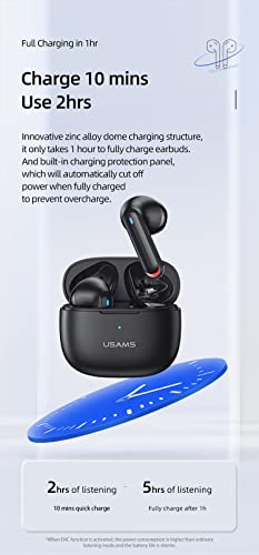 USAMS NX10, Истински безжични слушалки с шумопотискане, Слушалки, Bluetooth 5.2, Чувствително сензорно управление, стерео слушалки с вграден двоен микрофон, 5 часа слушане (черен)