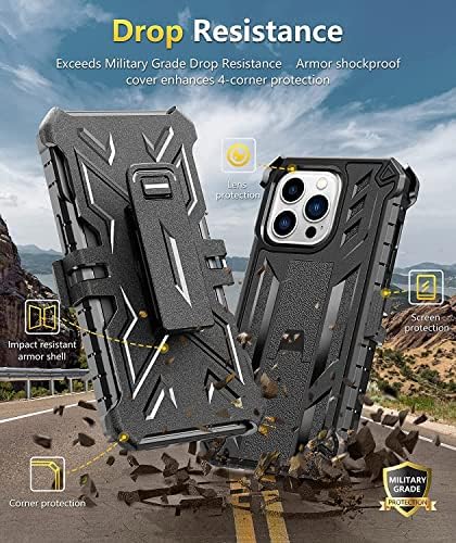 Калъф SOiOS за iPhone 13 Mini: с клип за колан, кобур, с вградена стойка и защитно фолио за екрана | Здрав за цялото тяло, сверхпрочный, удароустойчив, Защитен калъф от военен клас, за защита от падане - Черен