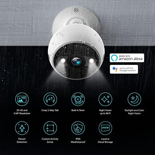 Външна жичен камера за сигурност Kasa 4MP 2K, IP65, сензор звездна светлина и нощно виждане на разстояние 98 фута, детекция на движение / човек 2 пъти на звука на сирена, облачное склад / SD-карта, съвместимост с Alexa