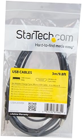 StarTech.com кабел за зареждане и синхронизация Micro-USB дължина 3 м 10 метра -Кабел за зареждане M/M от USB преди Micro USB - 24 AWG (USBAUB3MBK) Черен