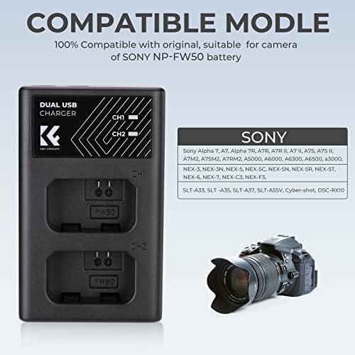 K & F Concept NP-FW50 и Зарядно устройство за фотоапарати с два USB и бързо зарядно устройство Type-C за Sony A6000, A6500, A6300, A6400, A7, A7II, A7RII, A7SII, A7S2, A7R, A7R2, A55, A5100, A5000 Камери