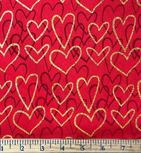 Памучен плат със сърца (чудесно за капитониране, шиене, занаяти, възглавници и още много други) - Изберете си дълъг и стил (златни метални сърца в червено, 1/2 ярд х 44 инча ширина)