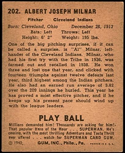 1940 Play Ball # 202 Ел Милнар Кливланд Индианс (Бейзболна картичка) Ex индианците