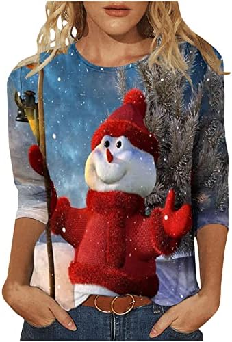 Коледни Блузи за Жени, Тениски с Изображение на Дядо Коледа и Снежен човек Туника с 3/4 ръкав, Модни Пуловери за Момичета
