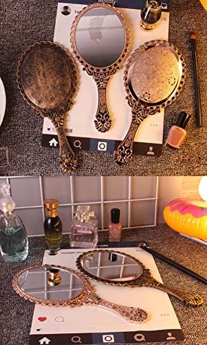 AKOAK 1 Опаковка Творческа Огледало за грим с дръжка в Ретро стил, Джобно Дантелено Огледало за Ръчна изработка, Огледален Инструмент за Грим (Розово злато)