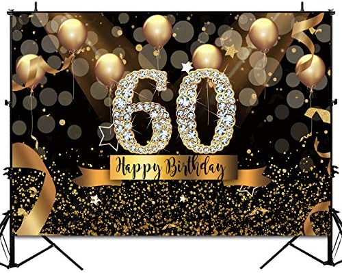 Sensfun Happy 60th Birthday Фон на партита за възрастни 7x5ft Боке Кръг Блестящ Златен Фон За Снимки на Въздушен Балон на Шестдесет Дни от Раждането на Черно Златен Фон За парти Диамант 60th Birthday Винил Банер Снимка