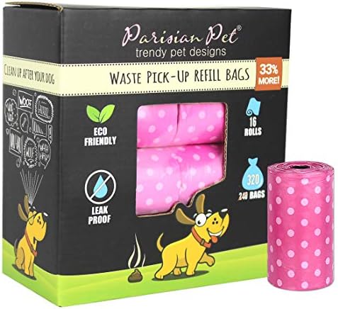Парижките торбички за кучешки какашек за кучета – Изпълва ролки торбички за кучешки какашек – Пакет за кучешки какашек без мирис – Екологични торбички за боклук за домашни любимци, 16 ролки, Розово грах