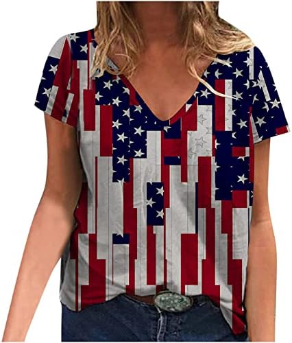 Дамски Блузи с изображение на Знамето на САЩ и Звезди, Блузи с V-образно деколте във формата на Сърце, Ризи с Къс ръкав, Летни Есенни Блузи CW