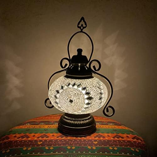 Sudamlasibazaar - Турска Мозайка Настолна лампа на батерии с вградена led осветление Без кабел, Мозайка Маса, Нощна Нощна лампа (Бяла)