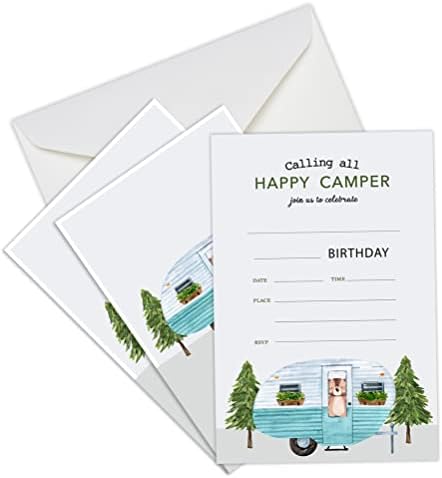 Mopwe 20 Опаковки покани на парти в чест на рождения ден на Happy Camper в пликове, Покана за парти на горски продукти, свързани с темата за момичета и момчета, Заполняемые Покани на парти, за да проверите за рождения