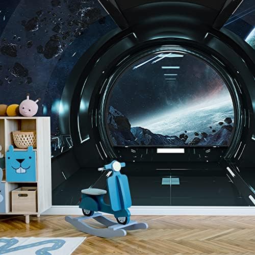 79x40 Инча Голям Космически Кораб Стикер на стената Изглед от Космоса с Космическия кораб Подвижни Самозалепващи се Тапети с Голям Космически Кораб за Детска Спалня