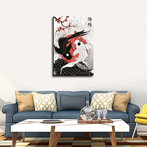 Японската риба Koi Стенно Изкуство - Ин Ян Стенен Плакат Декоративна Живопис на Платно Спалня Баня и Кухня с Декоративна Живопис HD Печат на картини с маслени Бои Арт подарък (В рамка, 24 × 36 см)