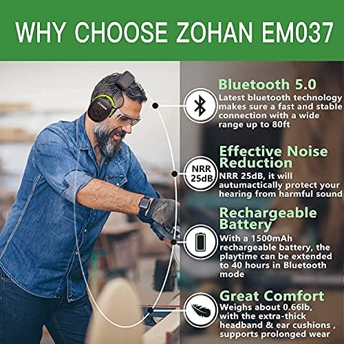 Слушалки ZOHAN EM042 AM/FM-радио с дигитален дисплей, Защита на ушите за косене на тревни площи и Защита на слуха ZOHAN EM037 с Bluetooth, NRR 25 db Слушалки за изграждане на косачки