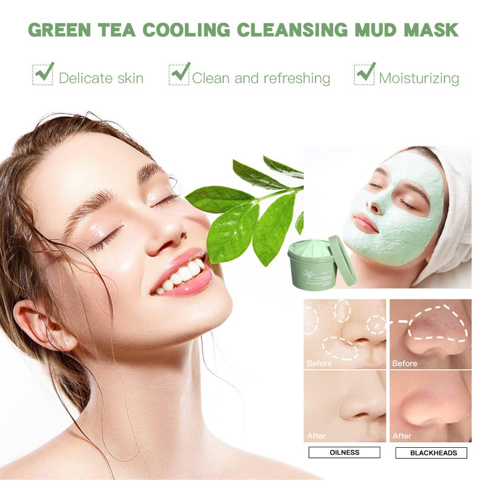 Глинена Маска от Зелен чай WALULAN, Дълбоко Почистване за отстраняване на черни точки, Грижа за кожата, Свиване на порите, Хидратиращи Маска за лице-Апликатор за лице, К