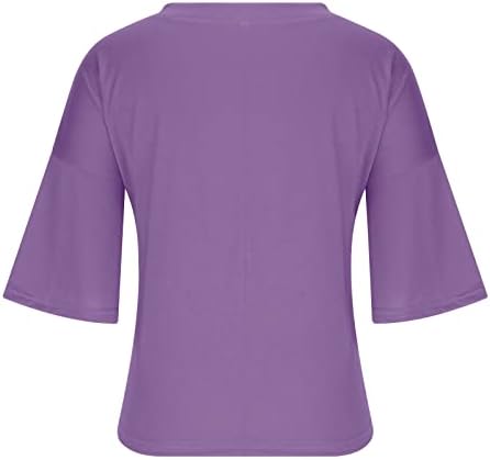 2023 Памучен Однотонная Ежедневна Блуза Свободно Намаляване с Къс Расклешенным ръкав 1/2 Тениска за Момичета с Топ с Дълбоко V-образно деколте, HT
