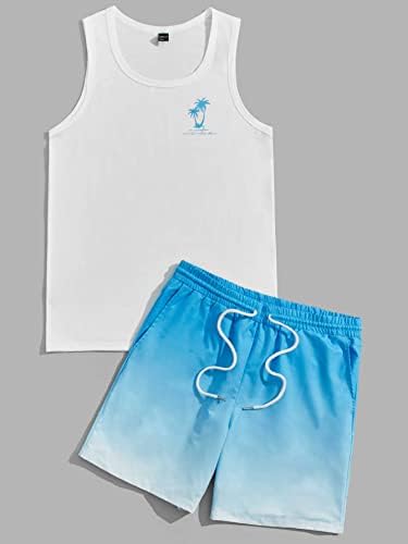 FIOXA / Мъжки облекла от две части, Мъжка риза с писмото принтом и палмово дърво и къси панталони с завязками на талията цвят омбре (Цвят: синьо и бяло Размер: X-Large)