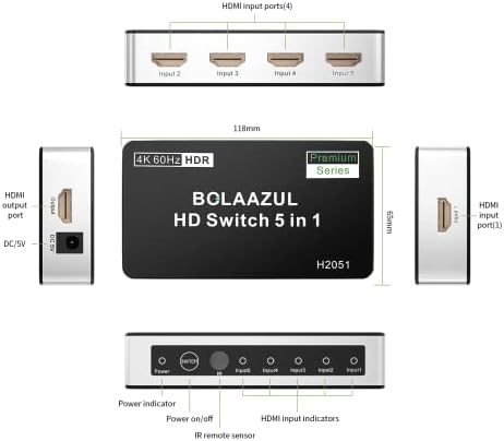5-Портов HDMI комутатор 4K 60 Hz, BolAAzuL 2.0 HDMI Switcher 5 в 1 изход, Поддържа HDR Dolby Vision, Включете HDMI 2.0 за PS5, Xbox Series X / S, PS4 Pro/PS4, Apple TV