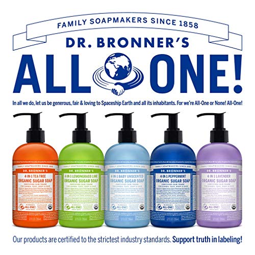 Dr. Bronner's - Органични сапун със захар (опаковка от 12 унции) с лавандула, мента, чайным дърво и лемонграссом - Произведени от органични масла, захар и прах Шикакаи. Приложение 4 в 1: Ръце, тяло, лице и коса, Почиства,