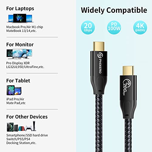 Кабел PHIXERO USB C-USB C мощност 100 W [USB C 3.2 Генерал 2x2, 20 gbps, 1,6 метра] USB Кабел C с видеовыходом 4K, който е съвместим с Thunderbolt 3, MacBook Pro, iPad Pro лаптопи Samsung