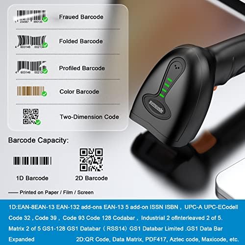 Bluetooth баркод Скенер със Стойка, 2,4 G Wi-fi и USB 2D QR Ръчен Скенер за четене на баркодове за Библиотечни Книги, Складово оборудване, Магазин