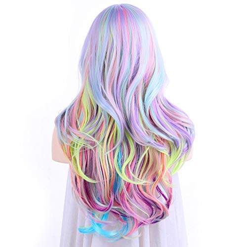 Onedor Дълга къдрава многоцветни перуки от пастелни цветни преливащи коса - очарователен перука за парти