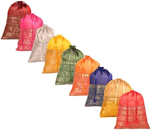 Чанти Touchstone дантела прозорци индийска Традиционна ръчна изработка от парчовой плат с изображение на слон. Идеални за подаръци, бижута, сватбени тържества, Сладка ръка набор от 9 Ярки цветни мешочков, портмонета