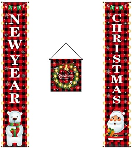 3 бр. Коледен Банер на верандата, Набор от Означения на верандата със задно осветяване, Червено-Черно Вратата Банер в клетката цвят Бизон, Коледни Подвесное Украса з