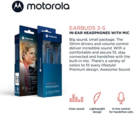 Жични слушалки на Motorola с микрофон - накрайници за уши 2-S, Жични слушалки-втулки, Бутон за управление на повиквания / музика, Удобни леки силиконови накрайници за уши, чист бас звук, шумоизолация - Черен