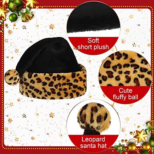 Коледна Леопардовая шапка на Дядо Коледа, 2 броя, Кожа шапка на Дядо Коледа с Леопардовым принтом, Коледна шапка с Удобна подплата и Плюшени игрища, Голям Плюшен шапка на Дядо Коледа Унисекс, за Жени и за мъже (в Черно,