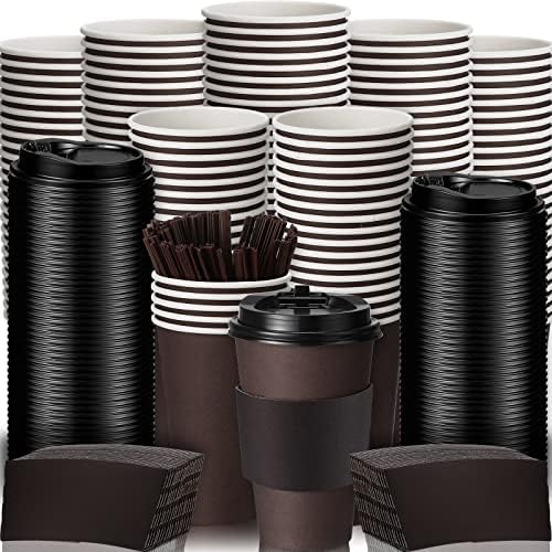 150 Опаковки Кафе Хартиени Чаши за Еднократна употреба Хартиени Чашки за партита на Едро За топли / студени напитки, Чаши за Пиене с Капаци, ръкави, Соломинками Набор