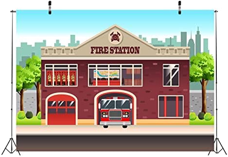 BELECO 7x5ft Плат Карикатура Градска Пожарна Станция Фон Пожарникар Тема Пожарна Машина, Детски Фон за рождения Ден на Пожарникар Украса за парти под формата На Пожарна Машина за Декор на масата За Тортата Банер Детски